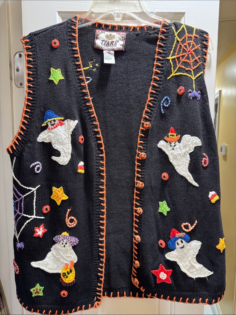 Tiara Black Halloween Ghost Vest with Orange Trim and Multicolor Embroidery